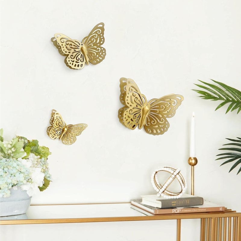 Remenna Gold Finish Metal Butterflies Wall Art Set of 3 Metal Wall Decor Butterfly Hanging Decor for Bedroom Bathroom Living Room Garden Kitchen - Image 2